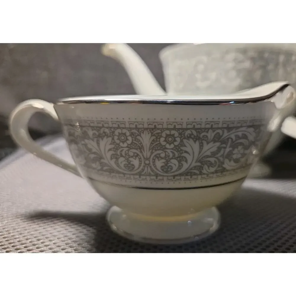Noritake China Naples 6975 Tea Pot Sugar Bowl And Creamer White Gray Trim